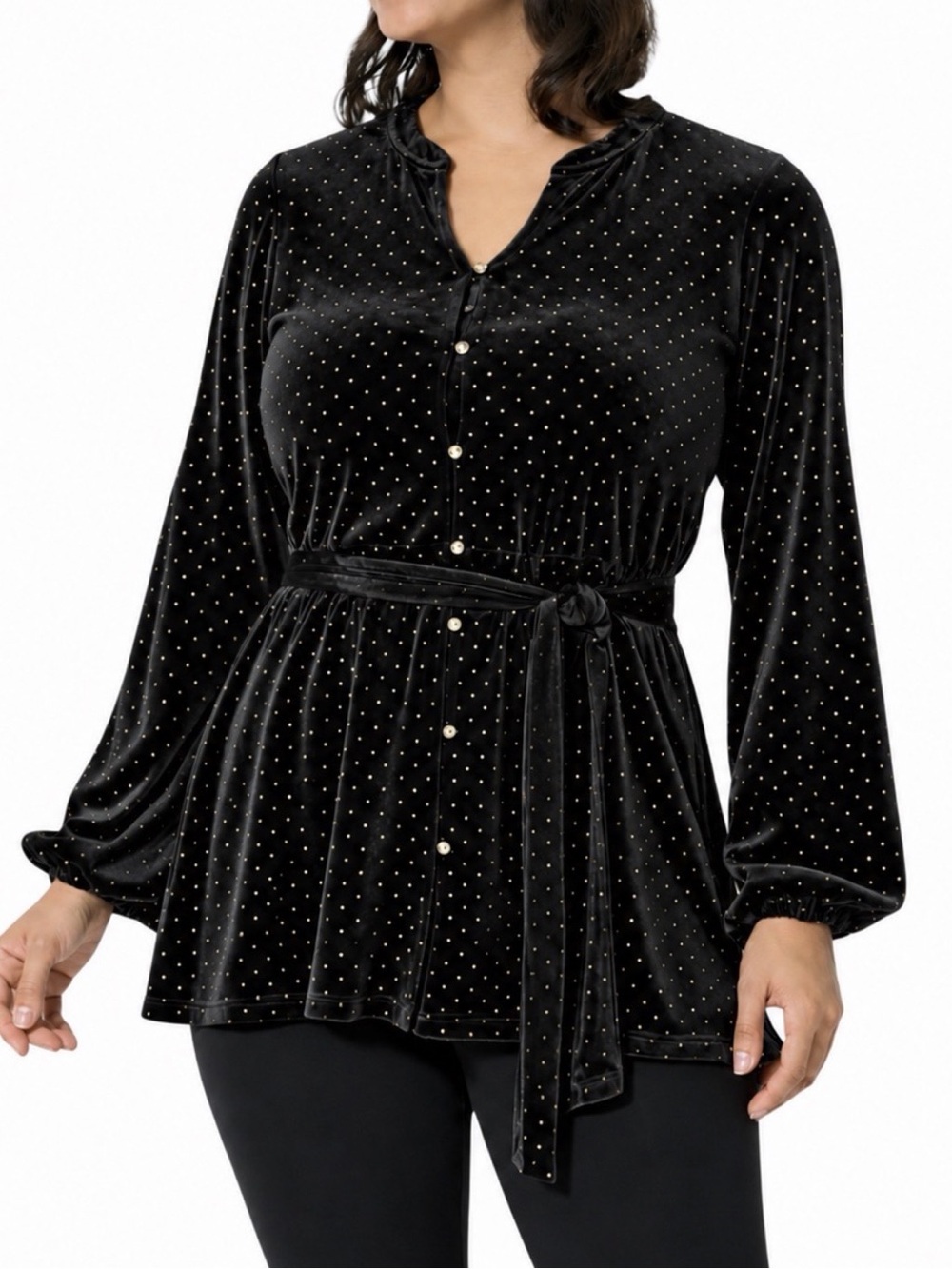 Colleen Lopez Black Velvet Studded Polka Dot Belted Peplum Top - Size 1X